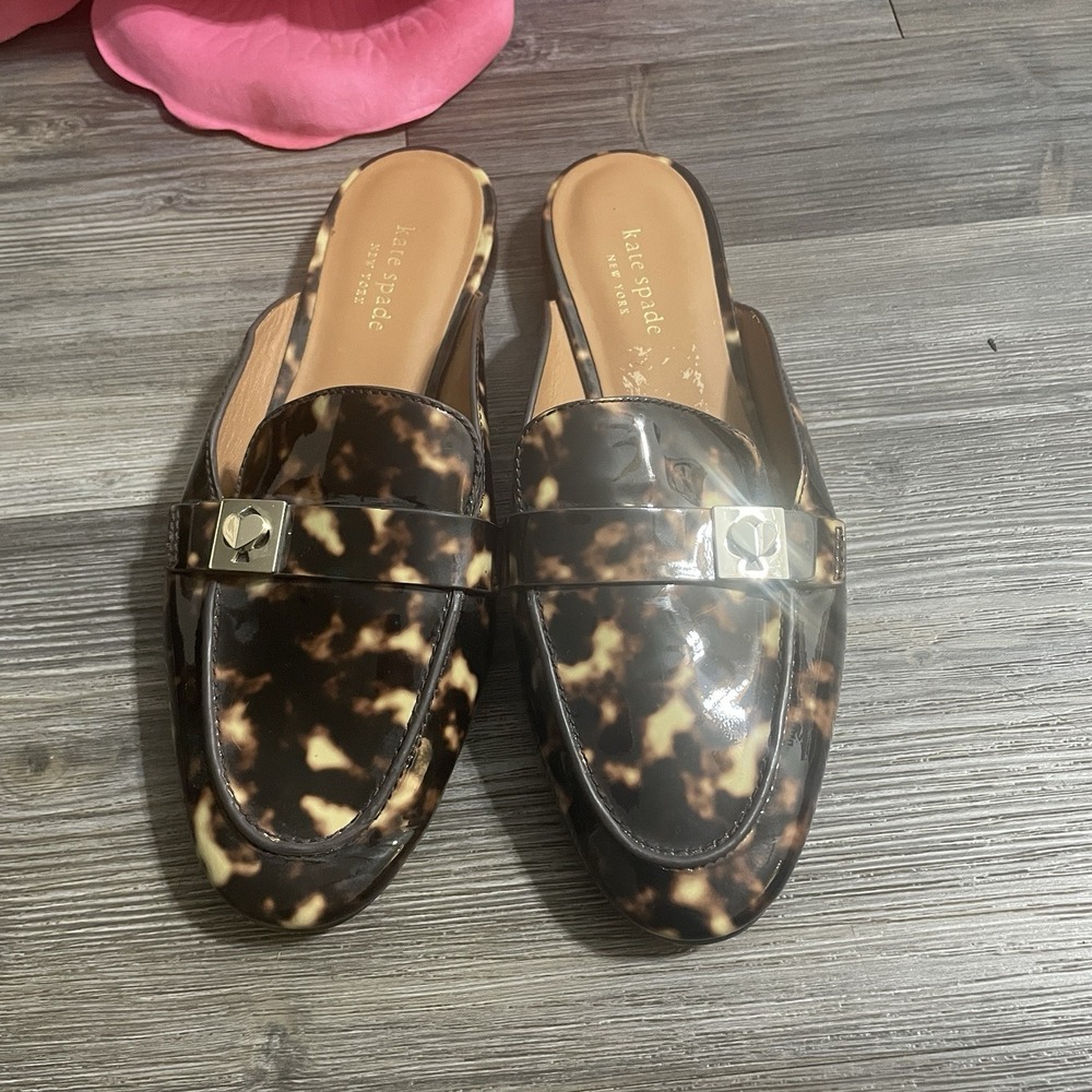 KATE SPADE Sz 8B Catroux Slide Mules in Tortoise Patent Leather Preppy *RARE
